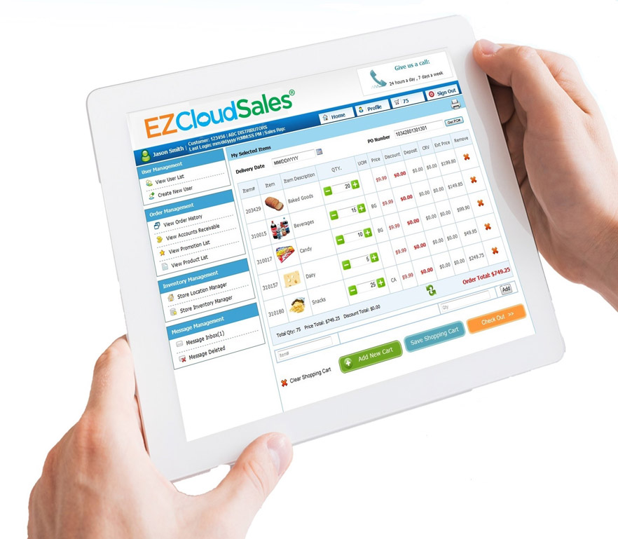 A person holding a tablet with the EZCloudSales user interface on the screen.