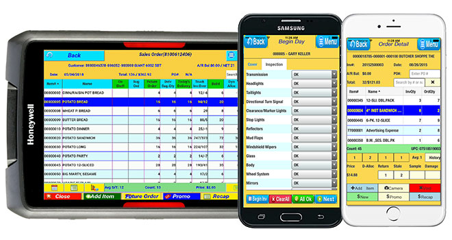 A Honeywell tablet, Samsung phone, and iPhone with MiT Systems software on their screens.